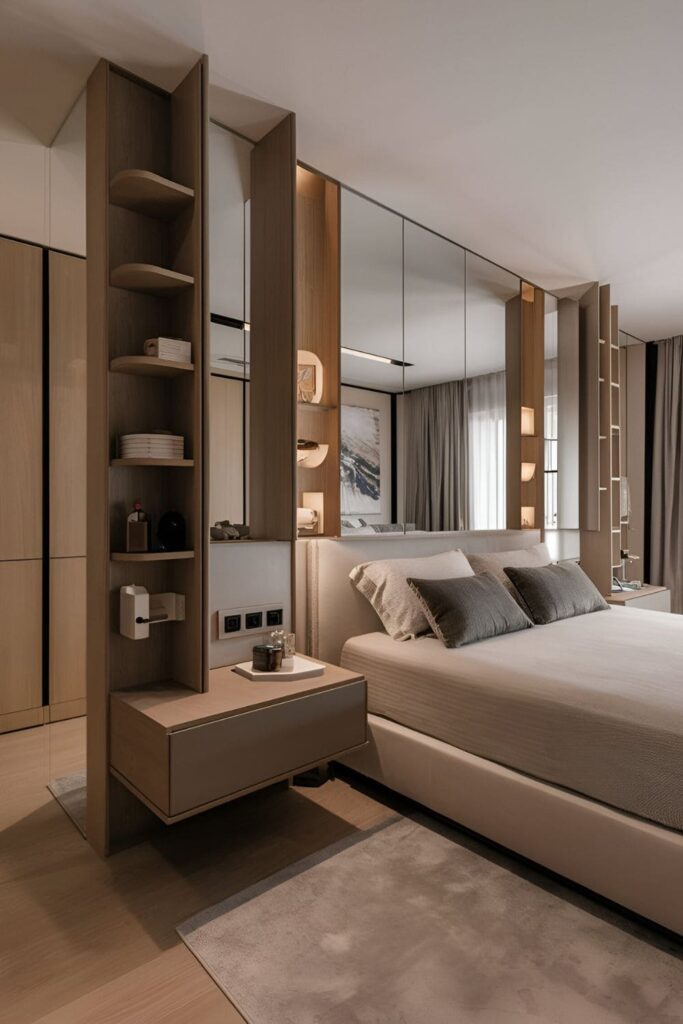 A master bedroom with modern floating nightstands that save floor space and include built-in lighting and storage for added functionality