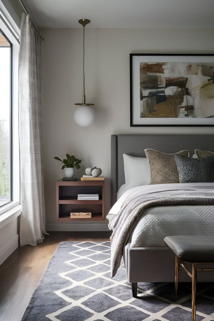 A master bedroom with statement bedding, featuring bold patterns, vibrant colors, and luxurious materials, making the bed stand out