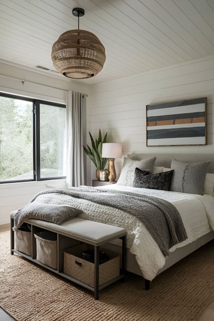 A master bedroom with under-bed storage solutions, including bins, drawers, and boxes, keeping belongings organized and out of sight