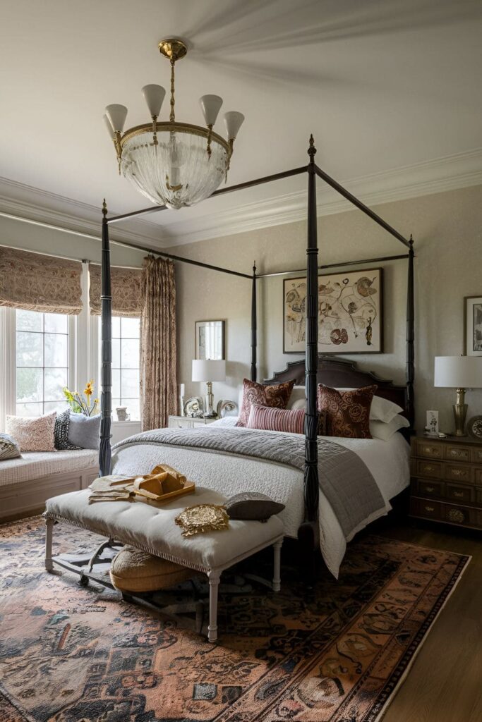 A master bedroom with unique bed frames, including a four-poster bed, a platform bed, and a bed with intricate detailing, making the bed the room's focal point