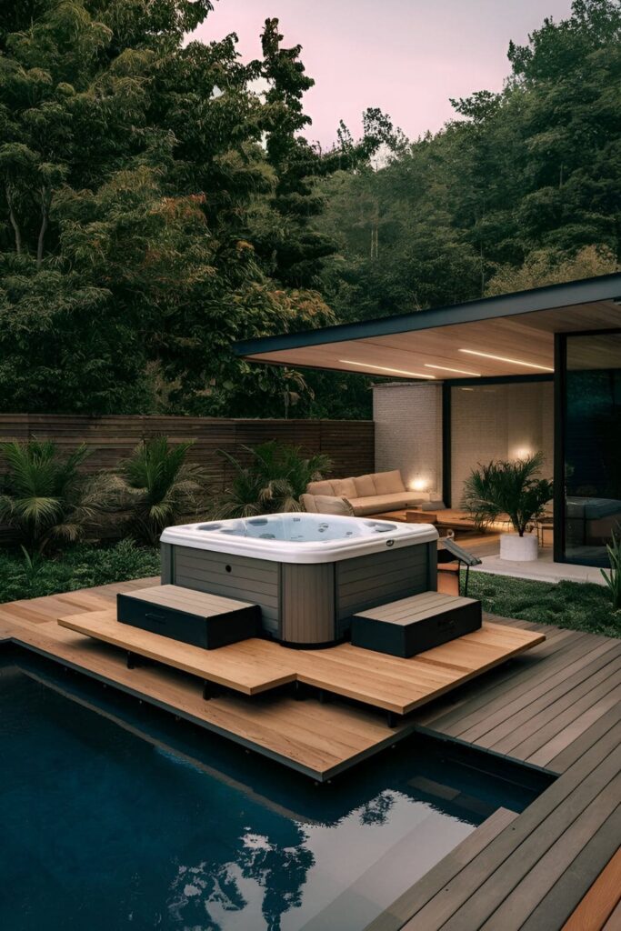 A modern hot tub with floating deck extensions, creating additional seating and lounging areas in a layered, dynamic space