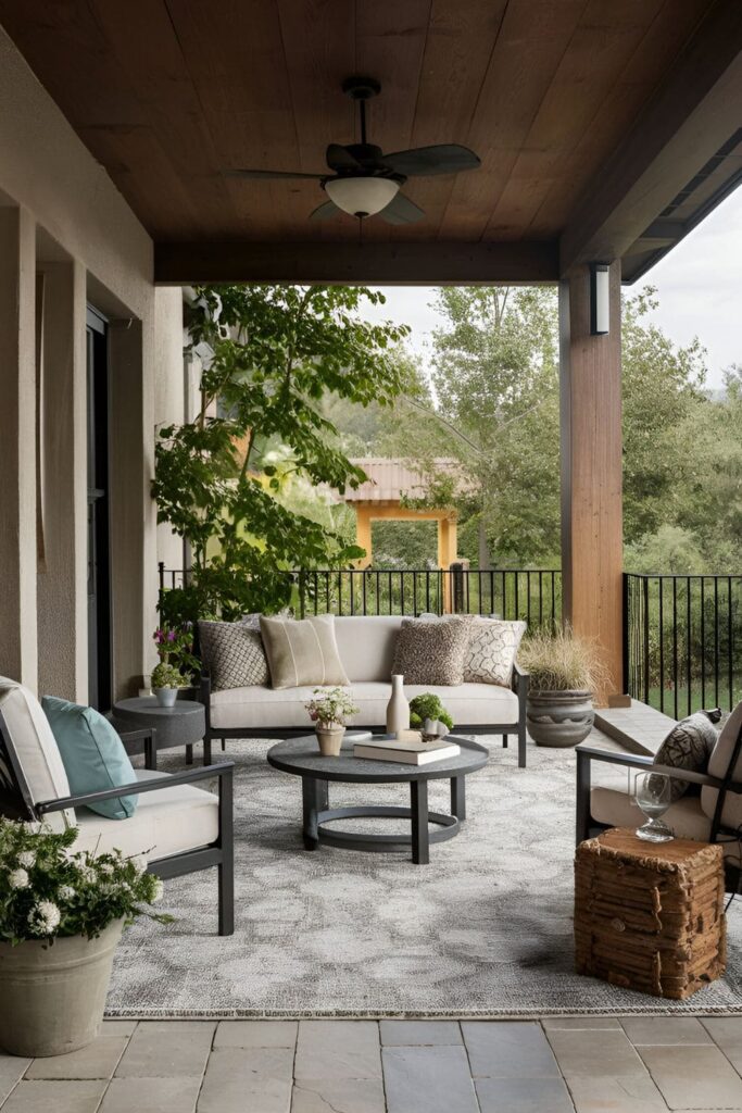 A patio decorated with naturally heavy and wind-resistant metal and stone pieces, adding elegance and durability to the outdoor space