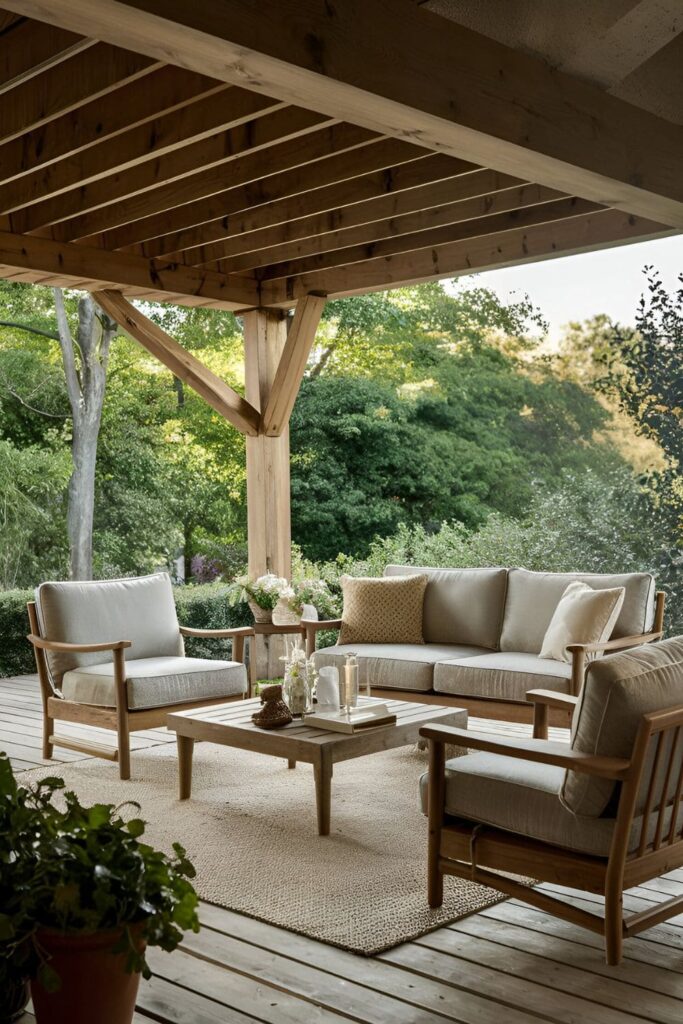 A patio featuring sturdy outdoor sofas made of teak or wrought iron, providing comfortable and stable seating in windy conditions