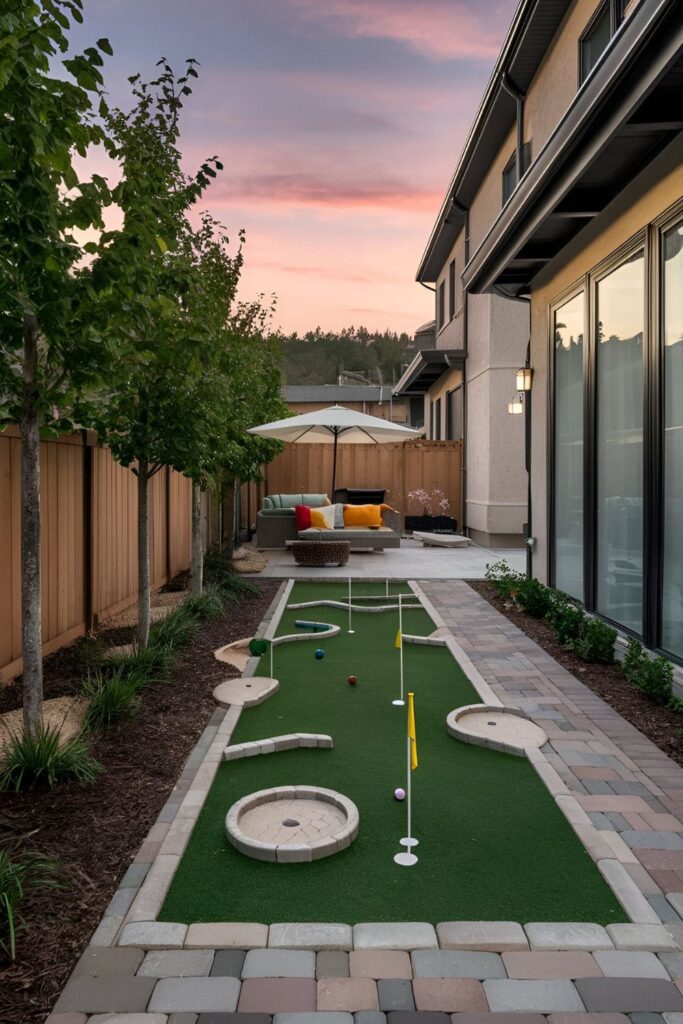 A patio section transformed into a mini golf course with pavers, complete with small putting greens and obstacles