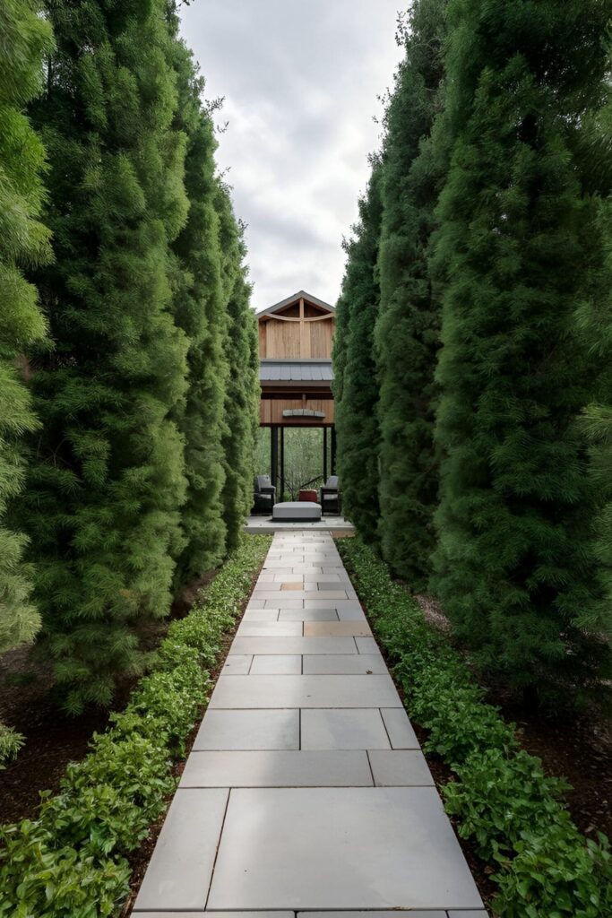 A patio surrounded by tall, dense windbreak trees like cypress or spruce, providing natural wind protection and adding greenery