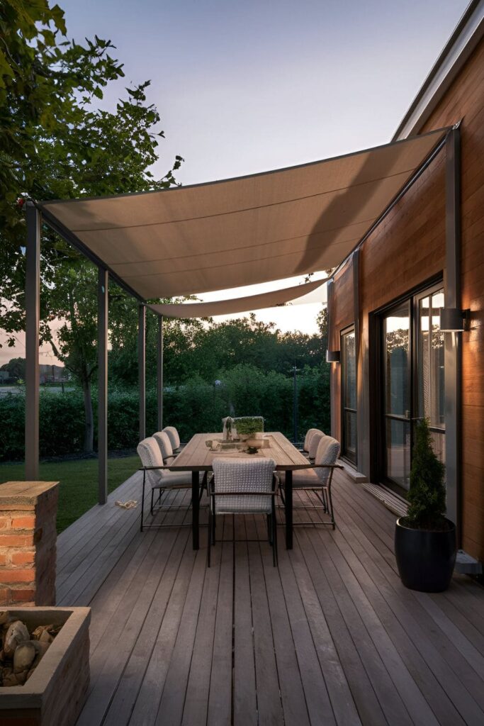 A patio with heavy-duty protective canopies offering shelter from the wind, enhancing comfort and functionality