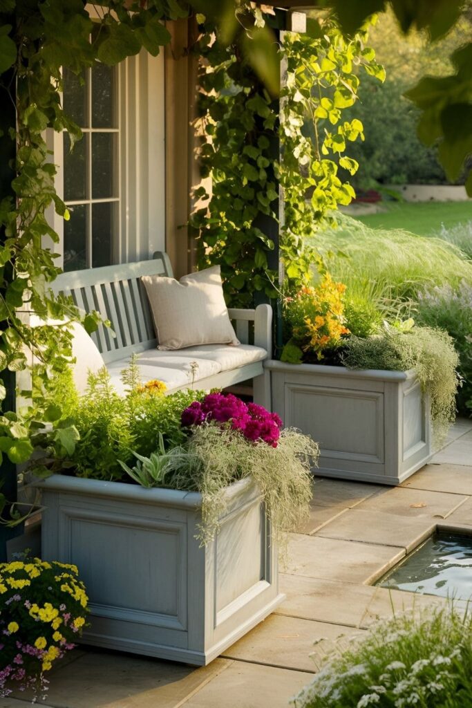 A patio with planter benches combining seating and greenery, with built-in planters at the ends holding flowers or herbs