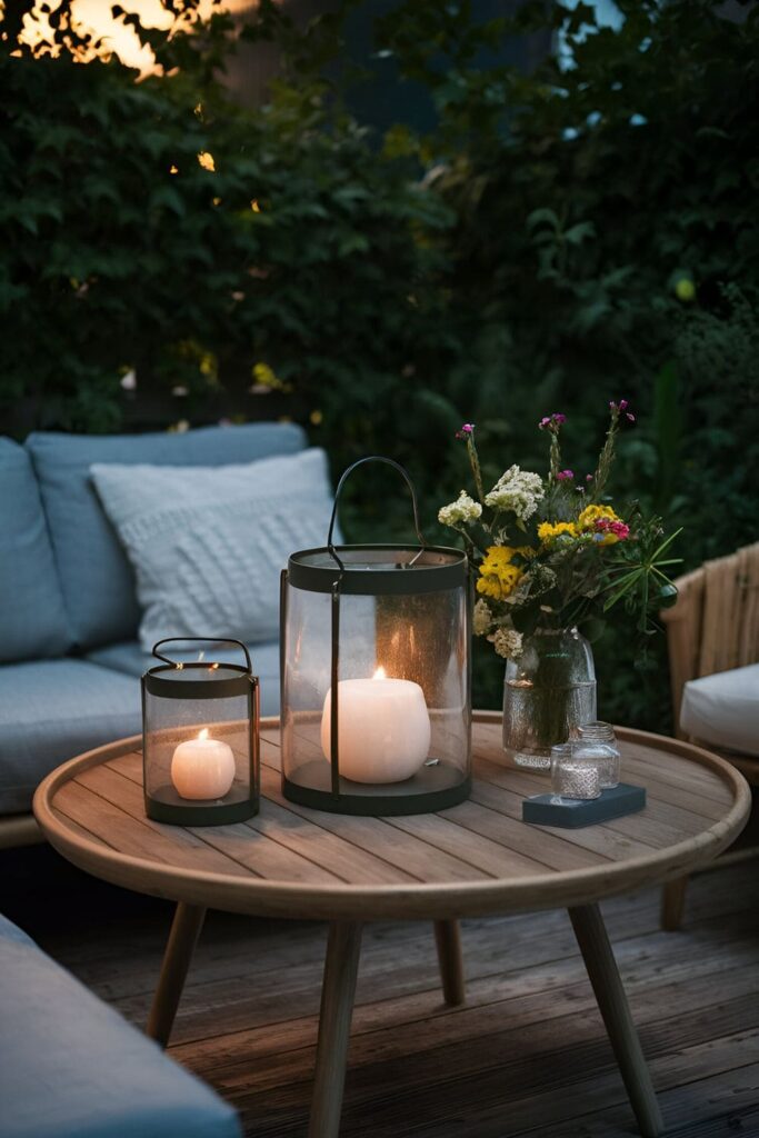 A patio with windproof table lanterns that stay lit in breezy conditions, creating a warm and inviting atmosphere