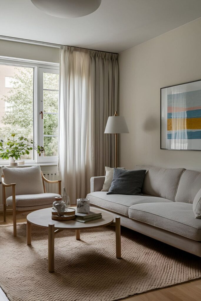 A peaceful living room with soft furnishings, rugs, and curtains that help absorb sound, creating a quiet and serene atmosphere