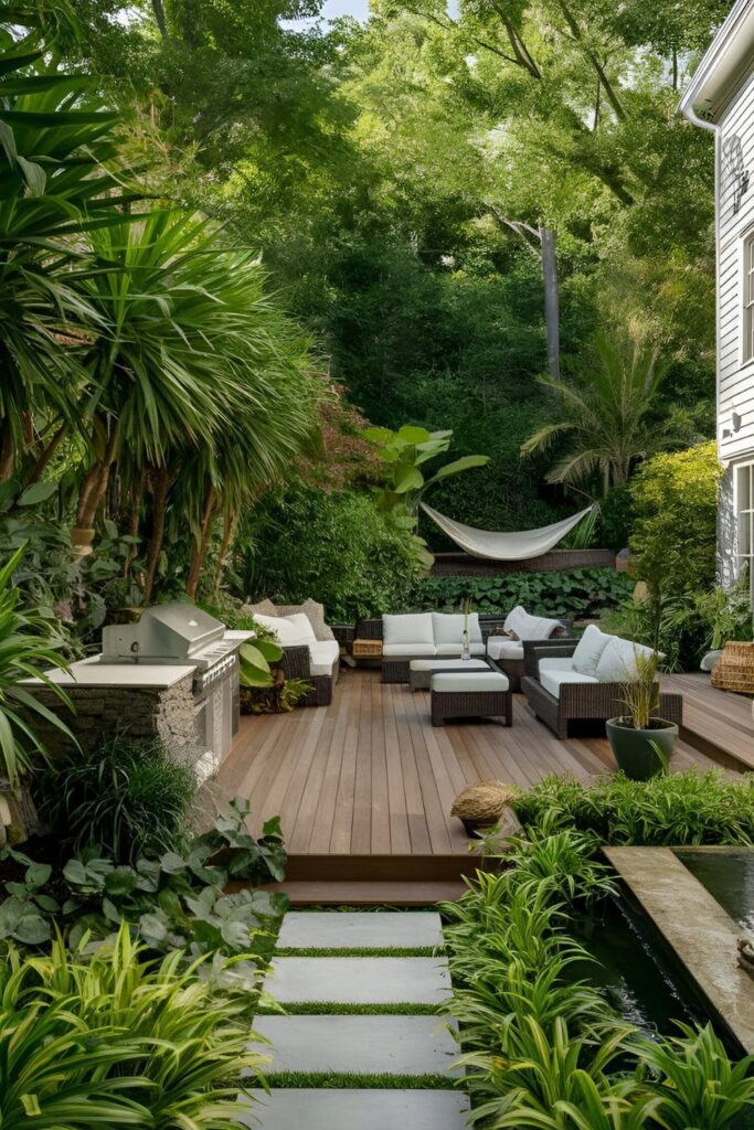 A rainforest-inspired patio with dense greenery, wooden decking, a grill blending into the surroundings, comfortable seating, hammocks, and water features