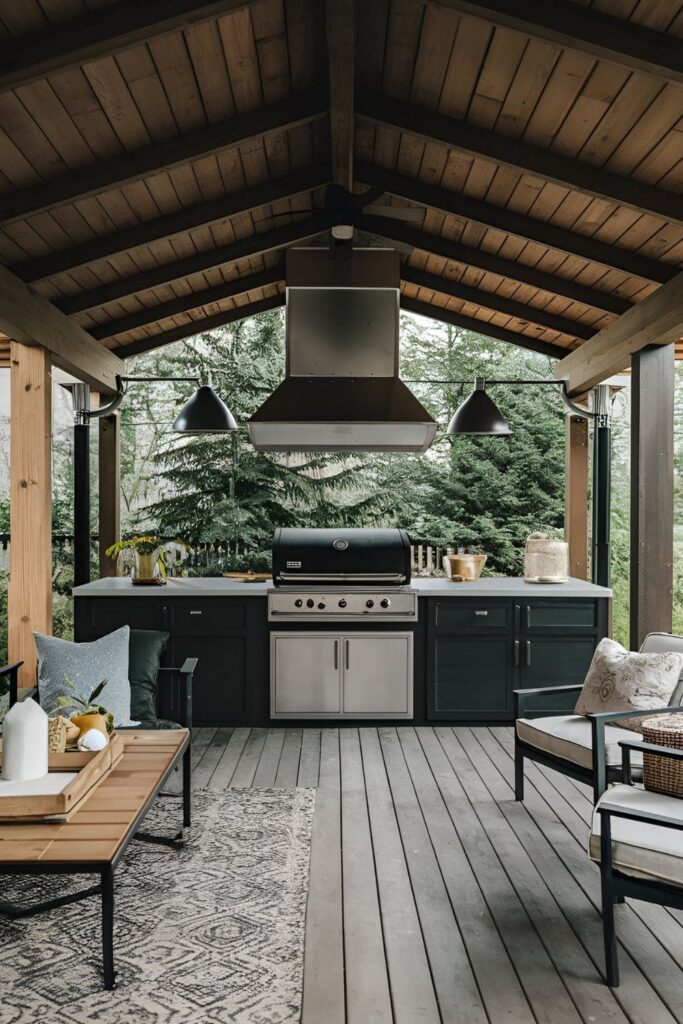 A roofed patio with durable flooring, a built-in grill with a vent hood, comfortable furniture, and outdoor heaters for year-round grilling