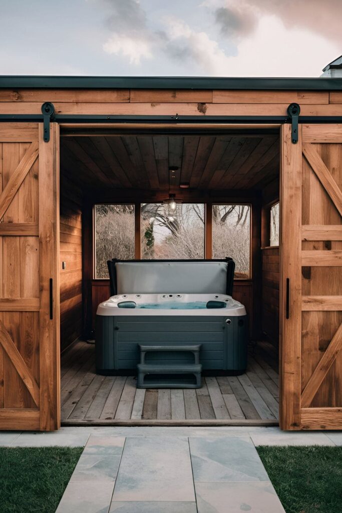 A rustic hot tub area enclosed by sliding barn doors, adding charm and control over privacy and exposure to the elements