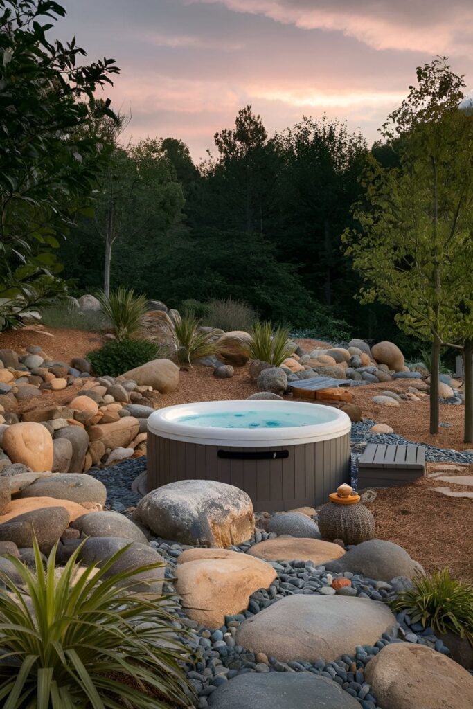 A serene hot tub set in a rock garden with various sizes and types of rocks, complemented by drought-resistant plants