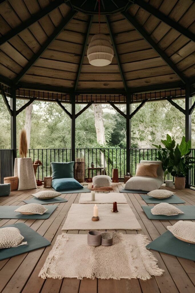 A serene meditation space in a gazebo, with soft mats, cushions, and calming decor like candles and incense, perfect for mindfulness and relaxation