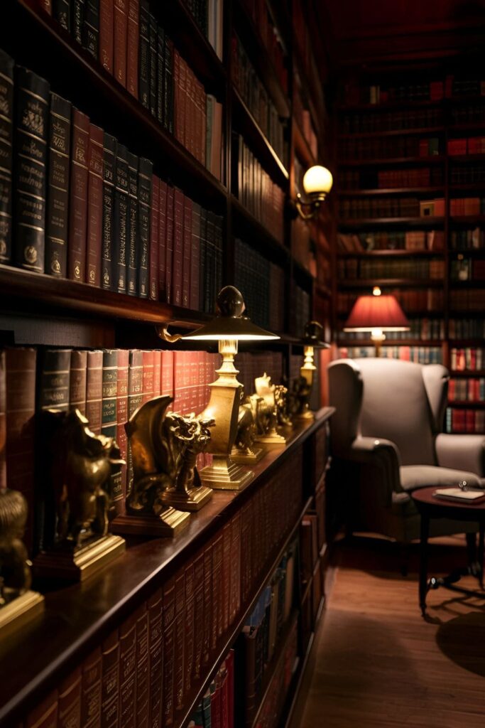 A shelf filled with classic novels held by ornate brass bookends shaped like classical motifs or animals in a dimly lit, scholarly room