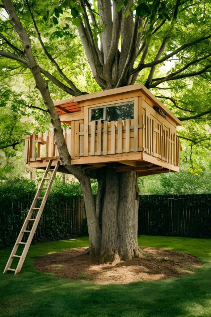 A simple treehouse platform built securely in a sturdy tree, with a ladder and safety features in a green backyard