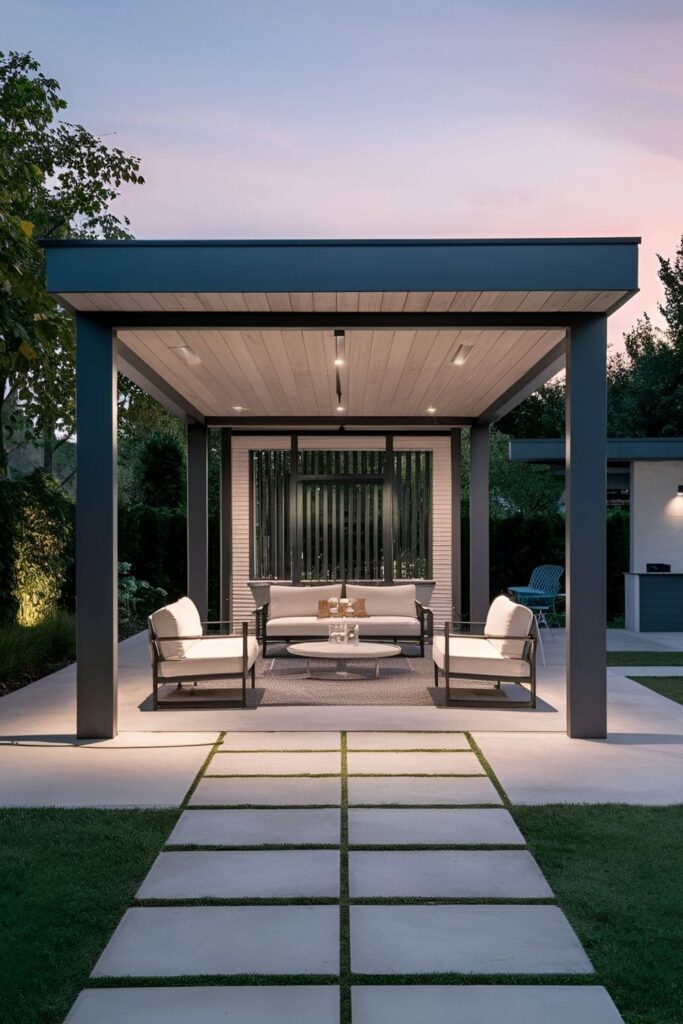 A sleek, contemporary gazebo with clean lines and minimal ornamentation, featuring metal frames and neutral colors, complemented by modern furniture and accent lighting