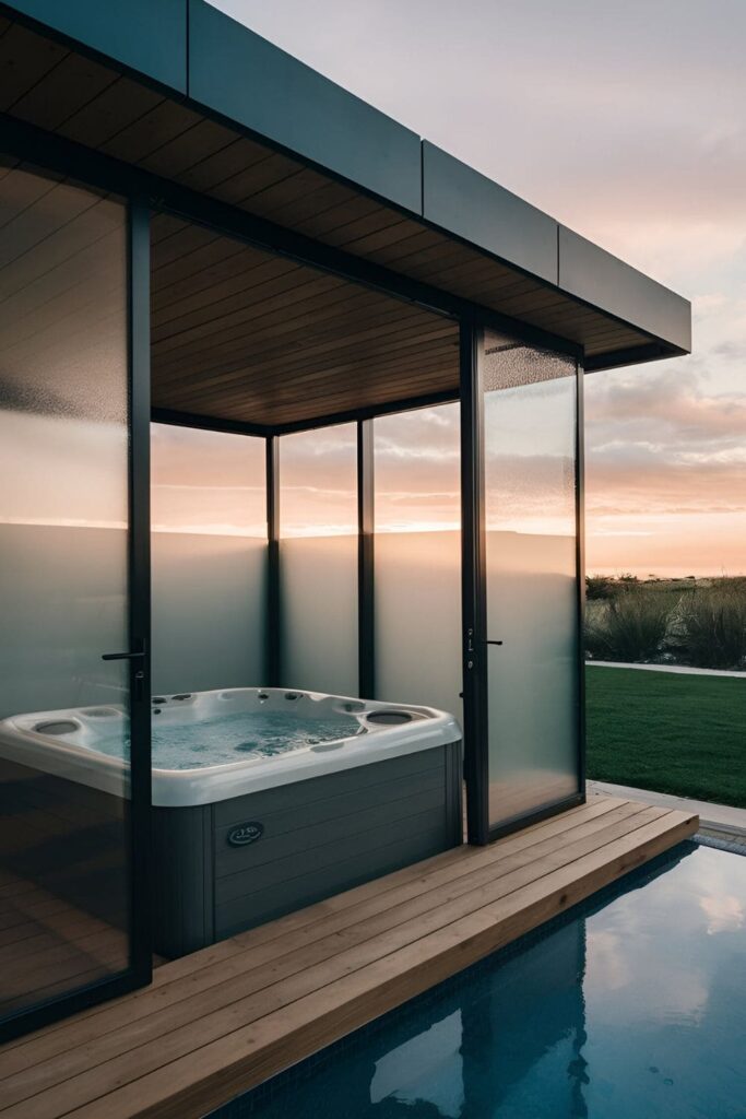 A sleek hot tub area enclosed by glass panels, providing wind protection and an open feel, with frosted or tinted glass for privacy