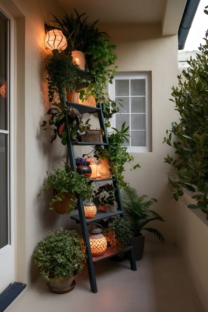 A small patio with a ladder shelf leaning against the wall, holding plants, lanterns, and decorative items for added vertical interest