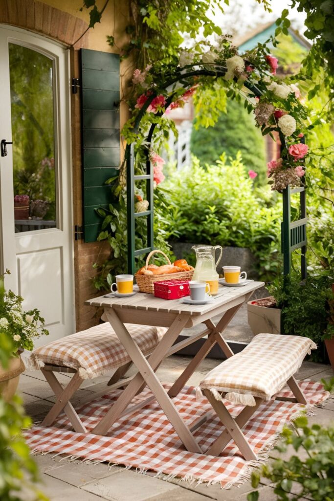 A small table with benches and a picnic blanket on a patio, set with outdoor-friendly dishes and cups, surrounded by nature