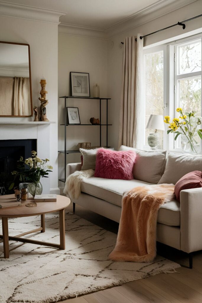 A snug living room with faux fur pillows, throws, and rugs, showcasing their luxurious and warm appearance