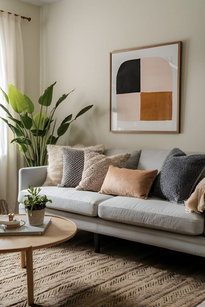 A sofa in a living room with cushions of different sizes, shapes, and textures, layered for a plush and inviting look