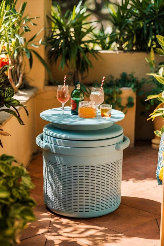 A stylish portable cooler on a small patio, doubling as a table or seat, keeping drinks cold and ideal for outdoor gatherings