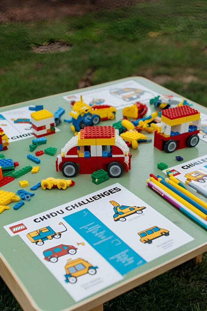 A table with various colorful Lego pieces set up outdoors, with instructions for building challenges like cars and houses