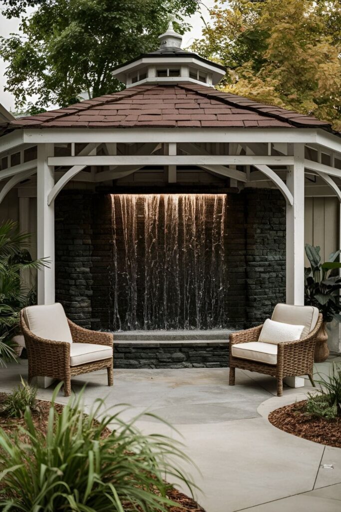 A tranquil gazebo featuring a soothing waterfall wall, surrounded by plants and comfortable seating, creating a peaceful retreat