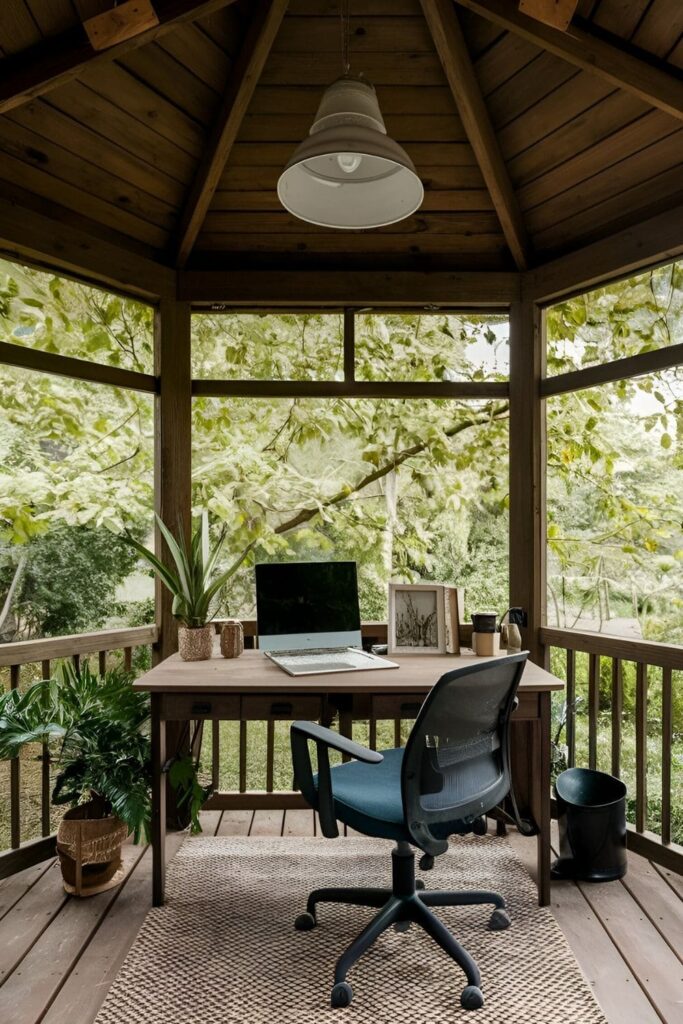 A tranquil outdoor office gazebo with a sturdy table, comfortable chair, and good lighting, perfect for working from home