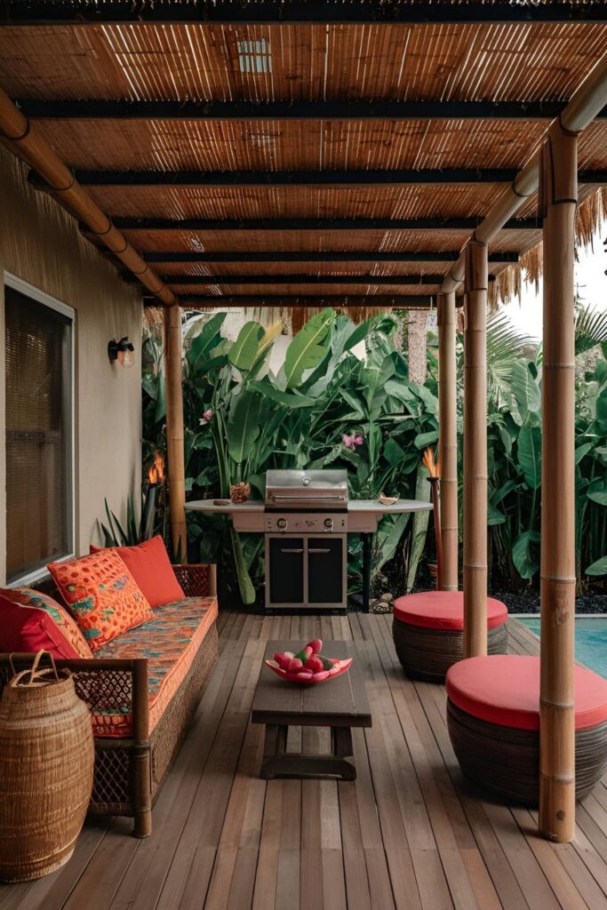 A tropical cabana patio with bamboo or thatched shade, a hibachi grill, vibrant cushions, tiki torches, and lush tropical plants, creating a relaxing oasis