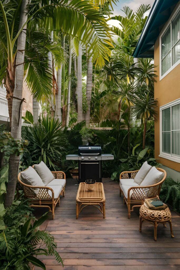 A tropical escape patio with bamboo or rattan furniture, a hibachi or charcoal grill, plenty of tropical plants like palms and ferns, creating a serene getaway