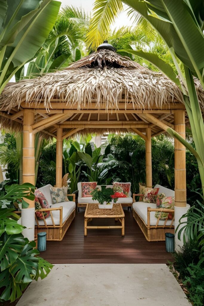 A tropical oasis gazebo surrounded by exotic plants, bamboo furniture, and vibrant textiles, with a thatched roof or bamboo accents for an authentic tropical feel