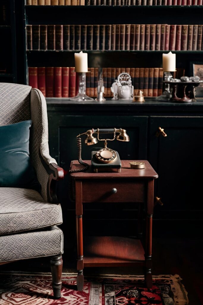 A vintage telephone on a wooden side table next to an armchair, surrounded by dark academia decor including books, candles, and antique items