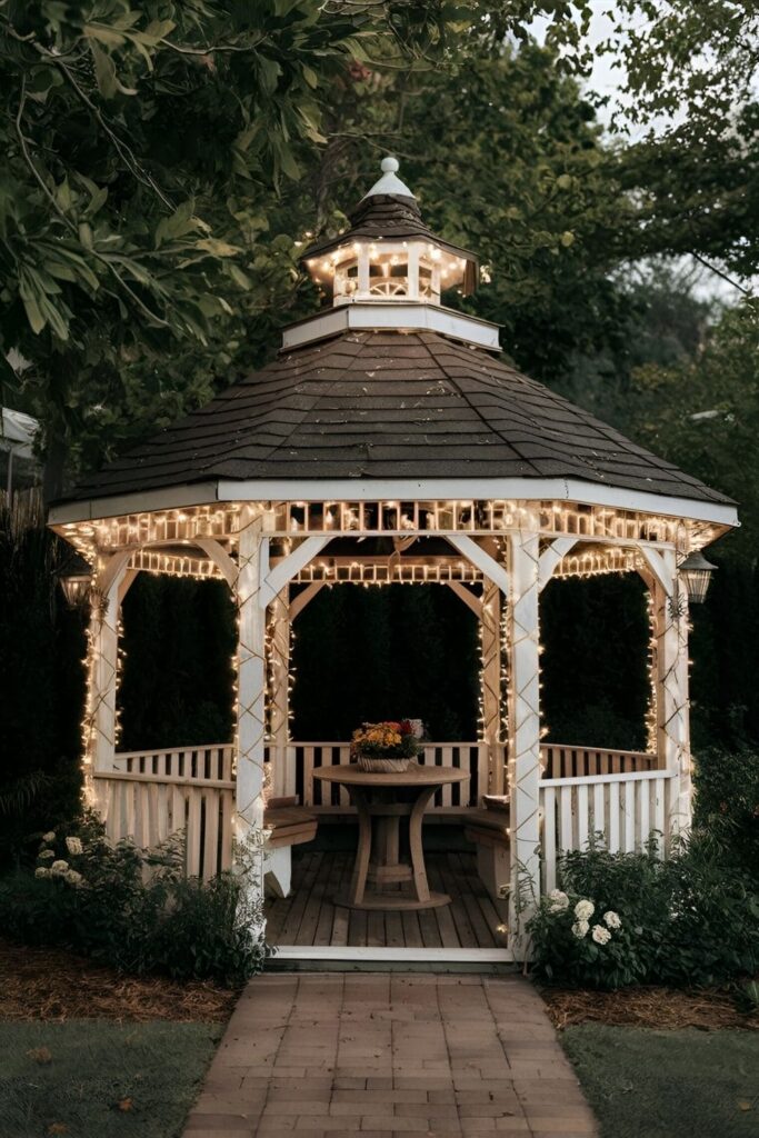 A whimsical gazebo decorated with twinkling fairy lights, creating an enchanting atmosphere for evening gatherings