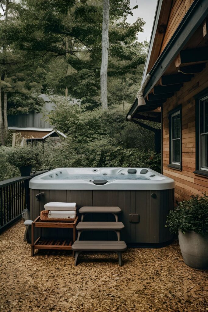 A wooden bench surrounding a hot tub on a cozy patio, providing seating and storage for towels, matching the patio decor