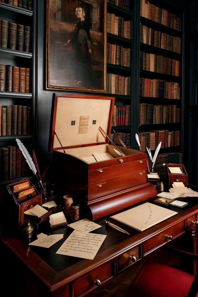 A wooden writing box on a desk filled with writing tools, letters, and vintage stationery in a room with dark academia-inspired decor