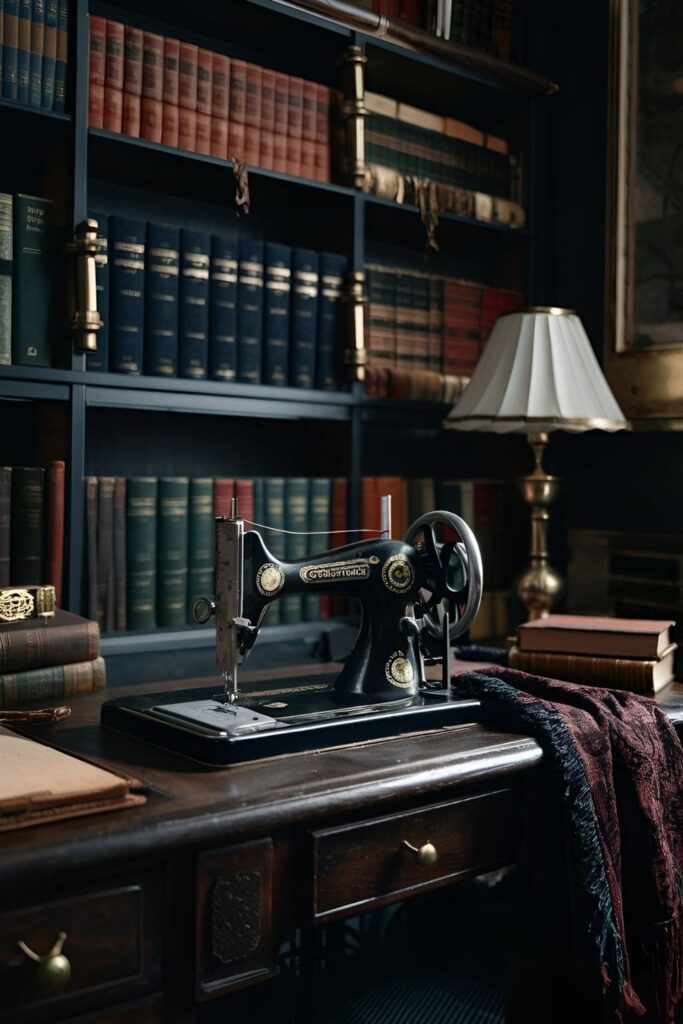 An antique sewing machine on a wooden desk, surrounded by old books, brass accents, and dark, rich textiles in a dark academia-inspired room