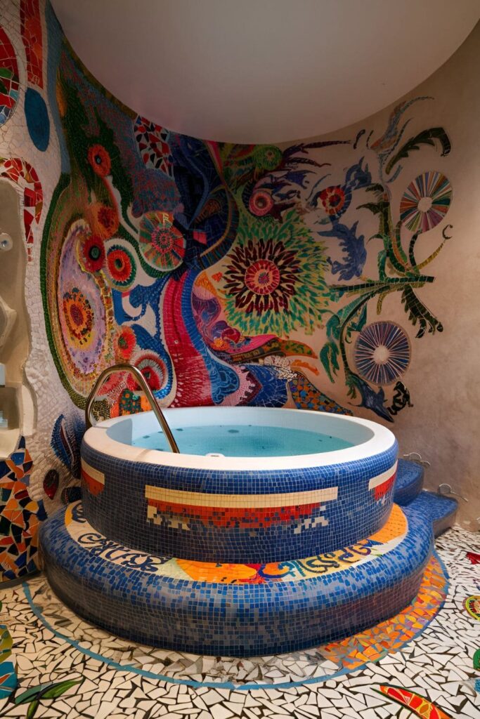 An artistic hot tub surrounded by colorful mosaic designs on the floor and walls, adding unique and intricate patterns