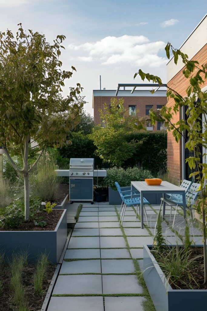 An eco-friendly green roof patio with planters, green roof systems, a small efficient grill, solar-powered lights, and sustainable furniture on a flat roof