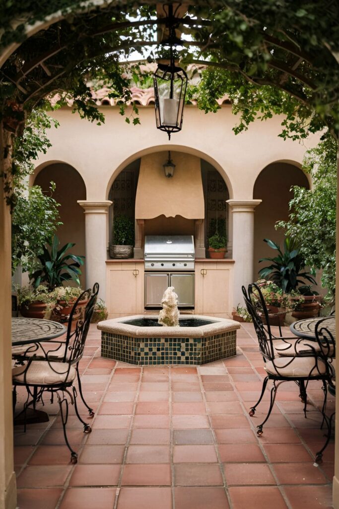 An elegant Mediterranean patio with terracotta tiles, wrought iron furniture, a grill with a mosaic tile surround, and a central fountain