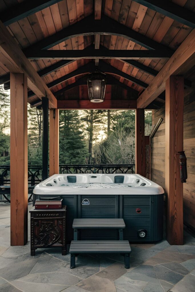 An elegant hot tub area with hand-carved wooden elements and custom metalwork, adding character and craftsmanship