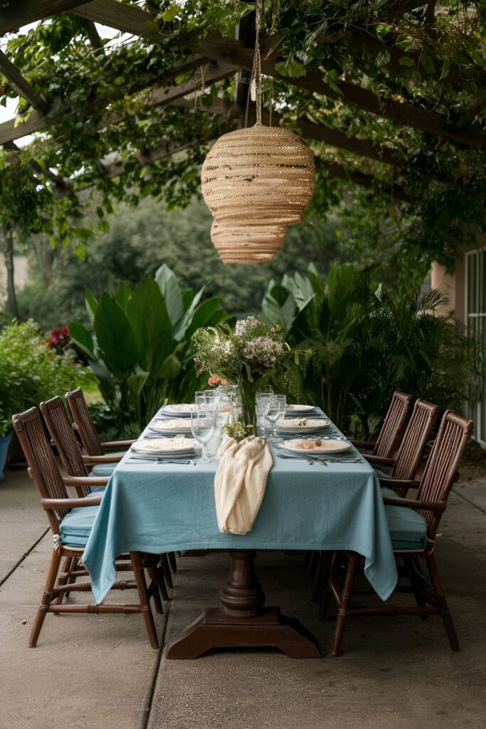 An outdoor dining setup on a patio with weighted tablecloths or tablecloth clips, keeping settings in place and preventing them from blowing away