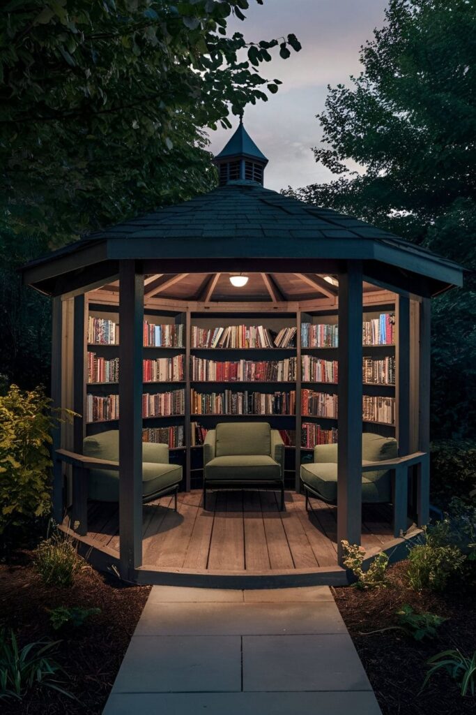 An outdoor library gazebo featuring shelves filled with books, comfortable seating, and soft lighting for a cozy reading nook