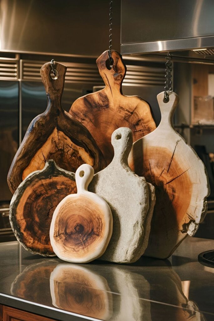 Artisan cutting boards made from wood or stone, displayed on a countertop with rustic, handcrafted details and functional design