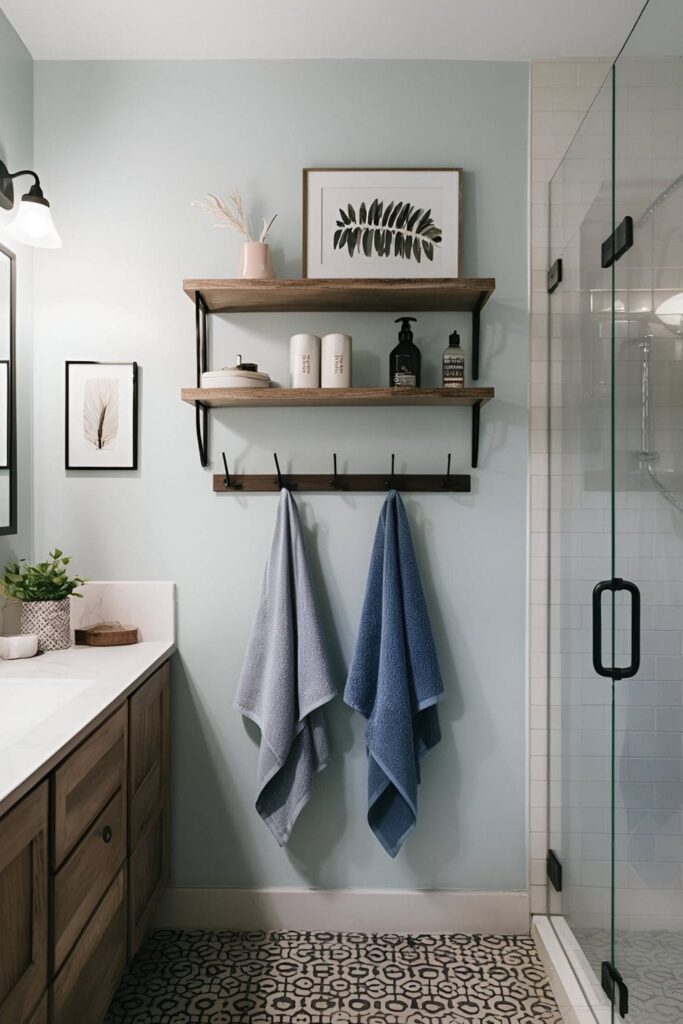 Bathroom shelf with hooks underneath, holding decorative items and organized towels