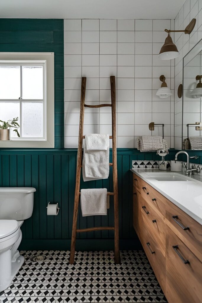 Bathroom with a blanket ladder against the wall, holding hanging towels