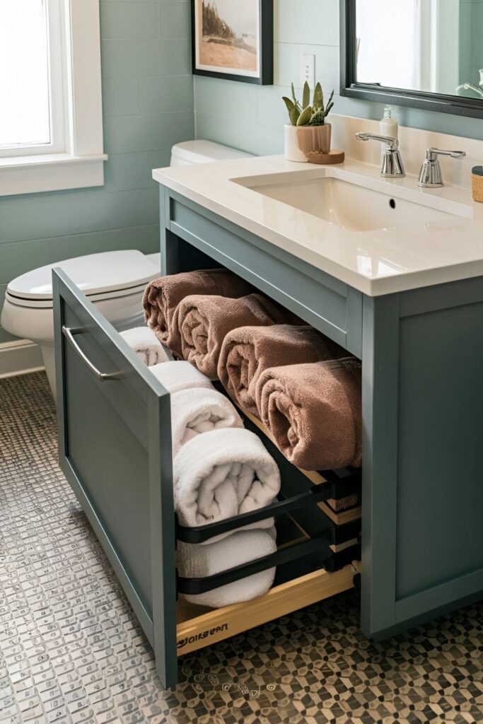 Bathroom with a pull-out drawer under the sink, storing neatly rolled towels