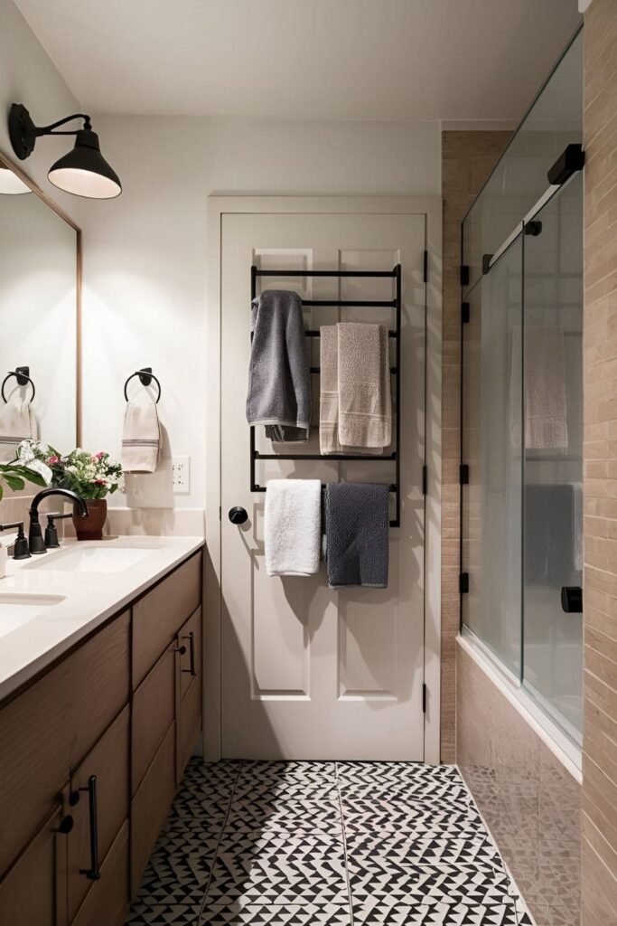 Bathroom with an over-the-door towel rack holding multiple towels, maximizing space