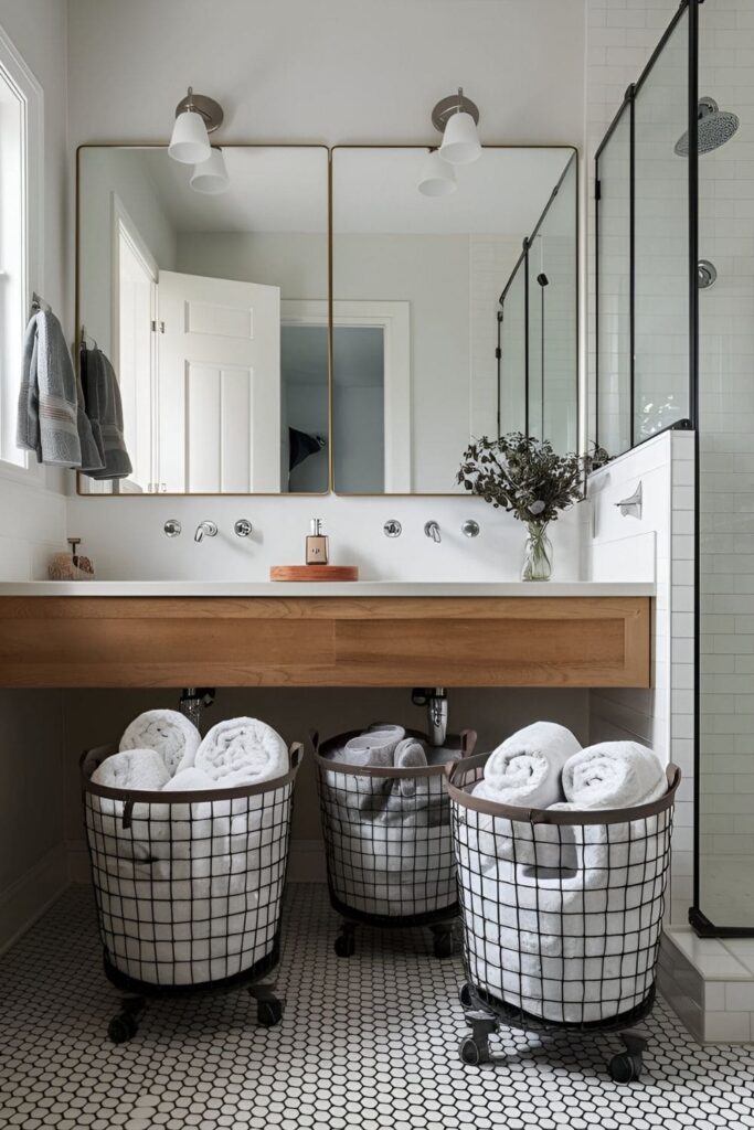 Bathroom with baskets on wheels filled with rolled towels for flexible storage